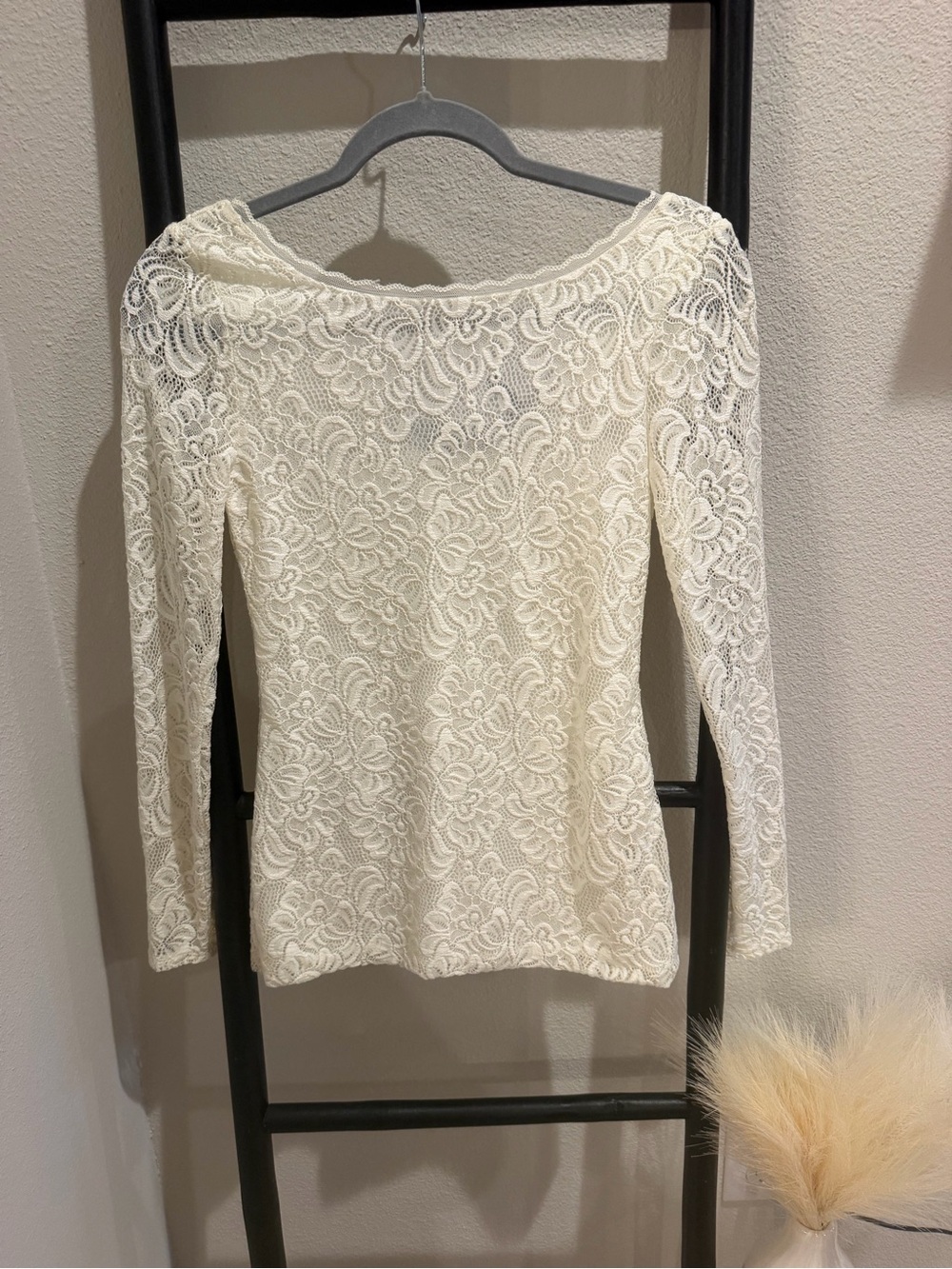 White House Black Market Cream Floral Lace Boatneck Top